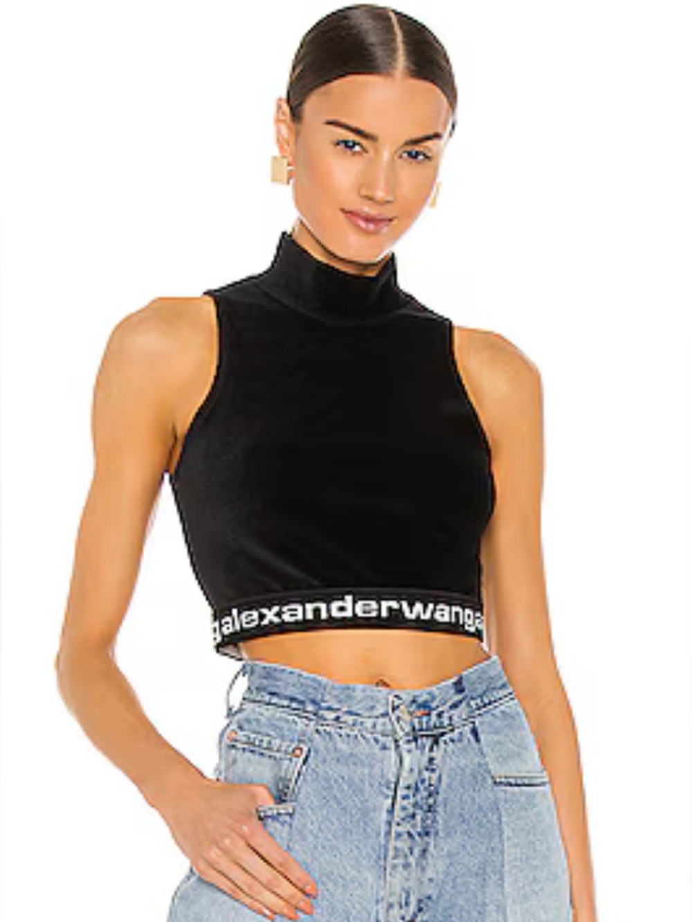 Alexander Wang Black Velvet Stretch Cord Mock Neck Crop Top Size Small NWT